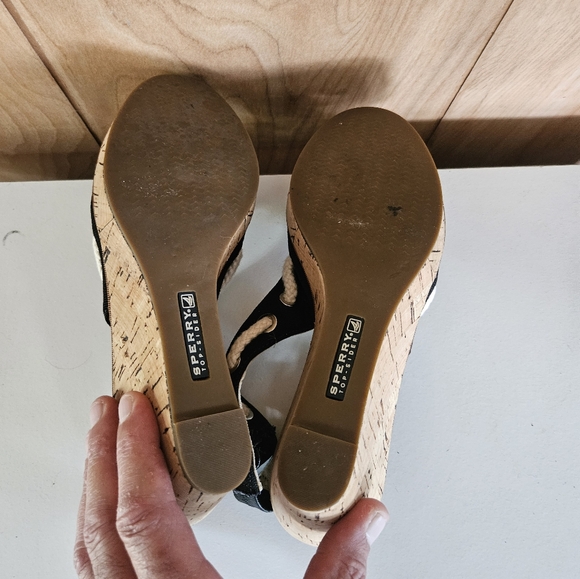 Sperry Top Sider Women's Cork Wedge Peep Toe Slingback Sandals Black Size 6.5M - Picture 6 of 7